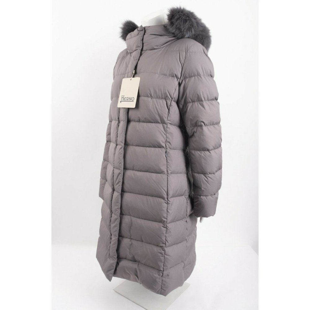 Herno Womens Down Coat Jacket Sz 48 US 12 Carrie Over Gray Faux Fur Trim Hooded - Picture 2 of 8